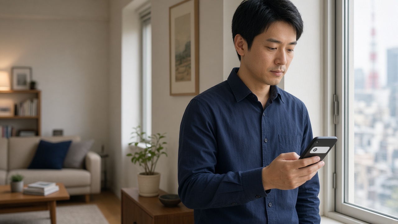 マッチングアプリでいいねが来ず、スマホの通知を見て立ち止まる20代後半の日本人男性