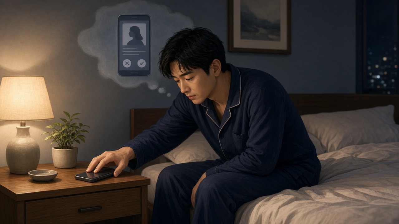 夜、ベッドでスマホを伏せてアプリを閉じる日本人男性
