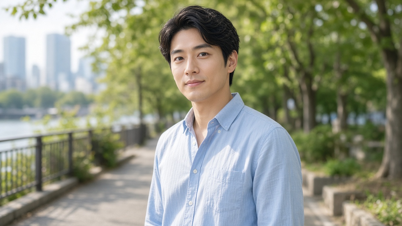 マッチングアプリ用のプロフィール写真を他撮りで撮る準備をする日本人男性