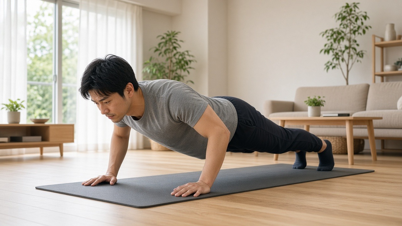 自宅で腕立て伏せのレップを積む20代後半の日本人男性