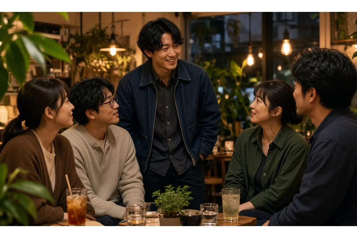 勉強会の交流タイムで初対面の人と笑顔で話す男性