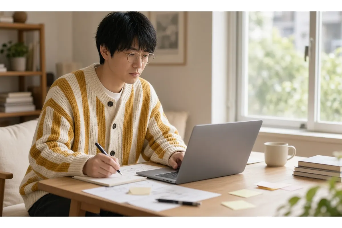 自宅でつくりかけの作品をパソコンで発信する20代後半の男性
