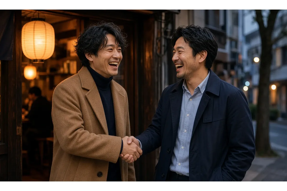 久しぶりに再会し、笑顔で握手する30代の友人同士