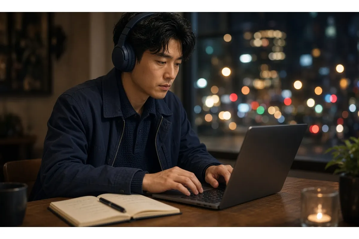 カフェでオンライン講座を受けてスキルを磨く30代男性