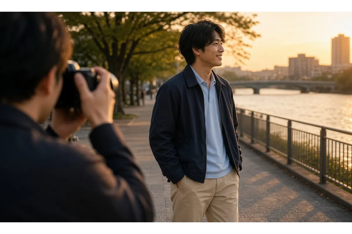 プロのカメラマンにプロフィール写真を撮ってもらう20代後半の男性