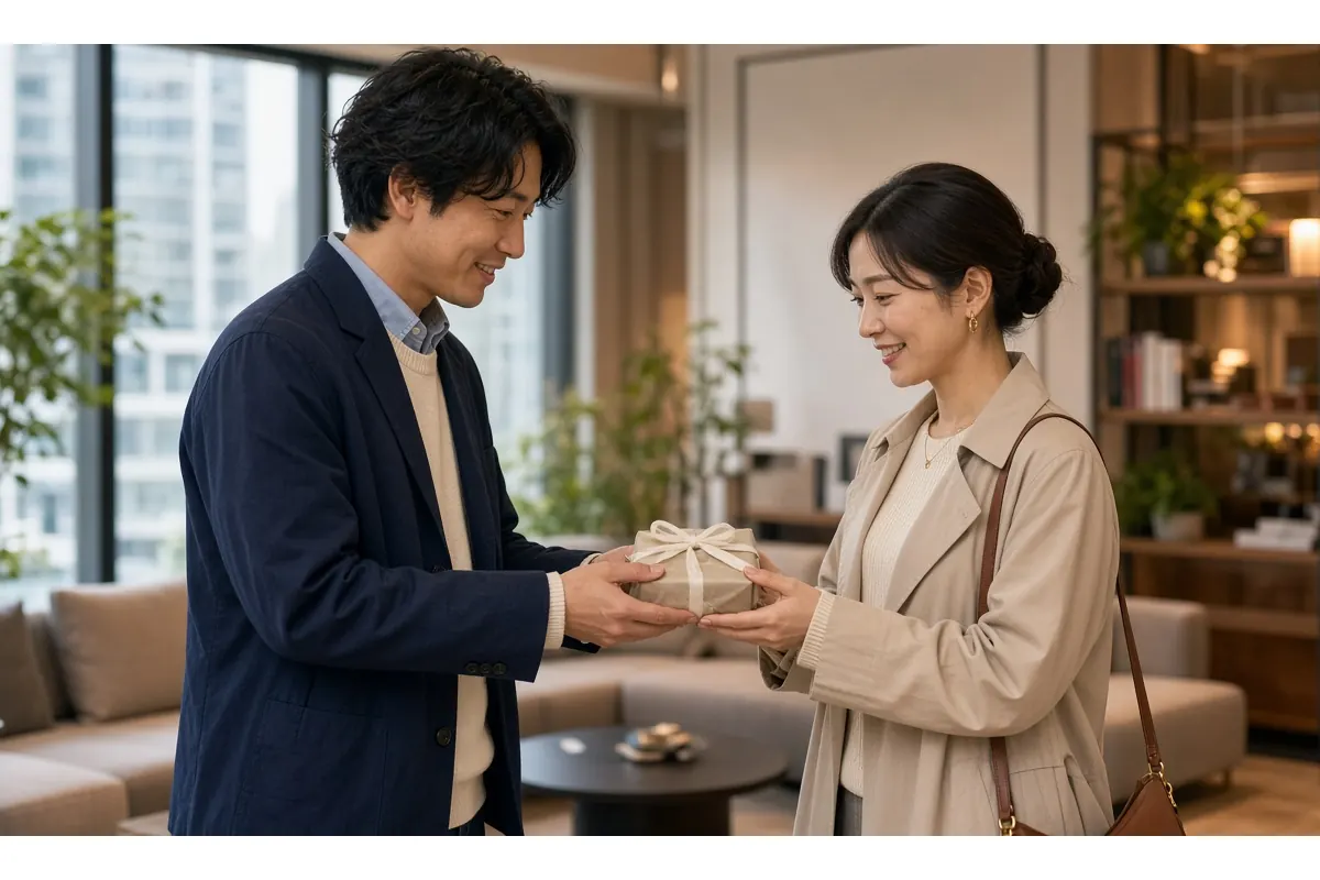 仕事仲間に感謝を伝え、小さな贈り物を手渡す30代男性