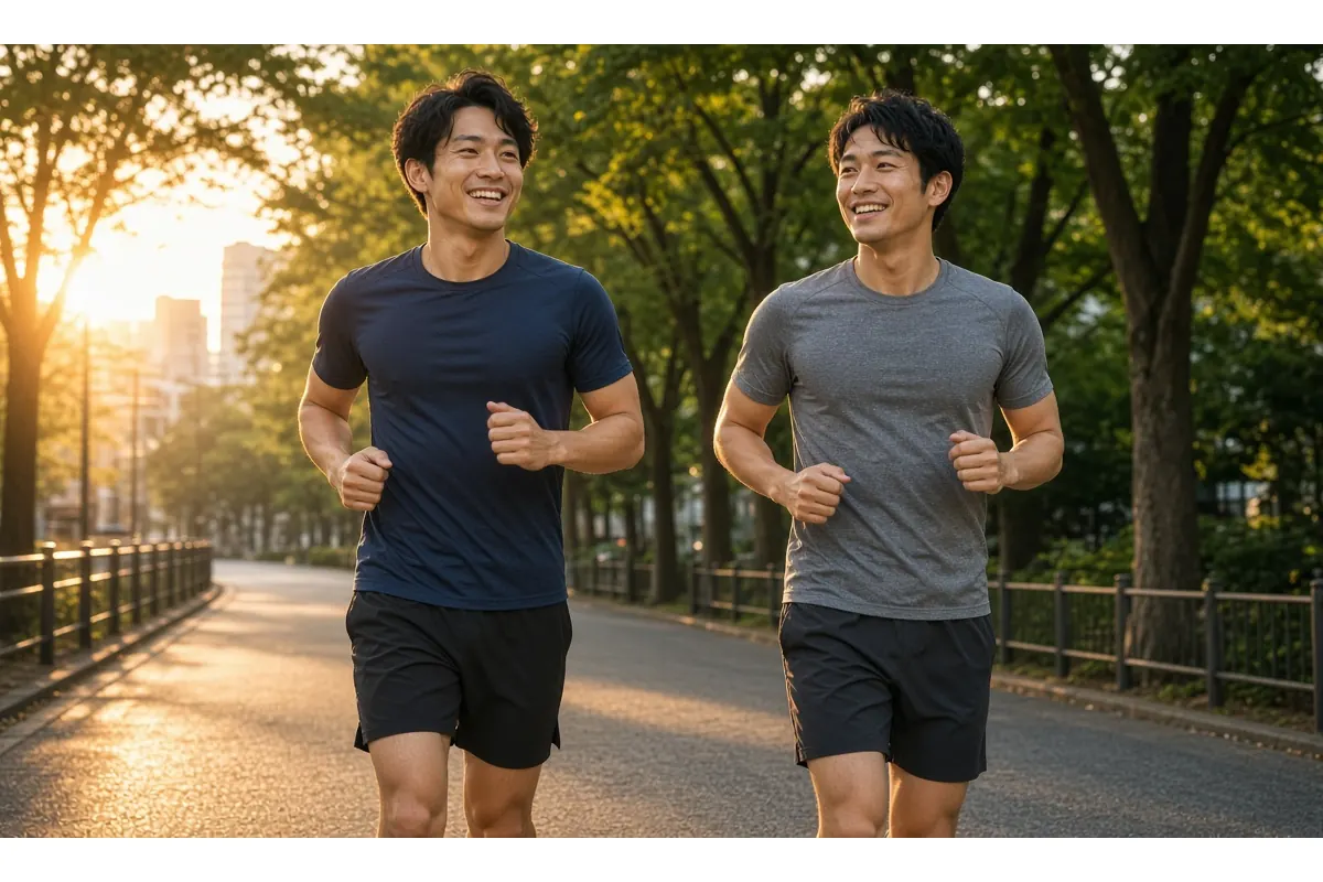 朝の街をランニングする30代の男性と友人