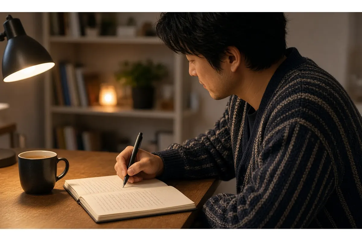 日曜の夜にノートへ「今週の3つの勝ち」を書き出す男性