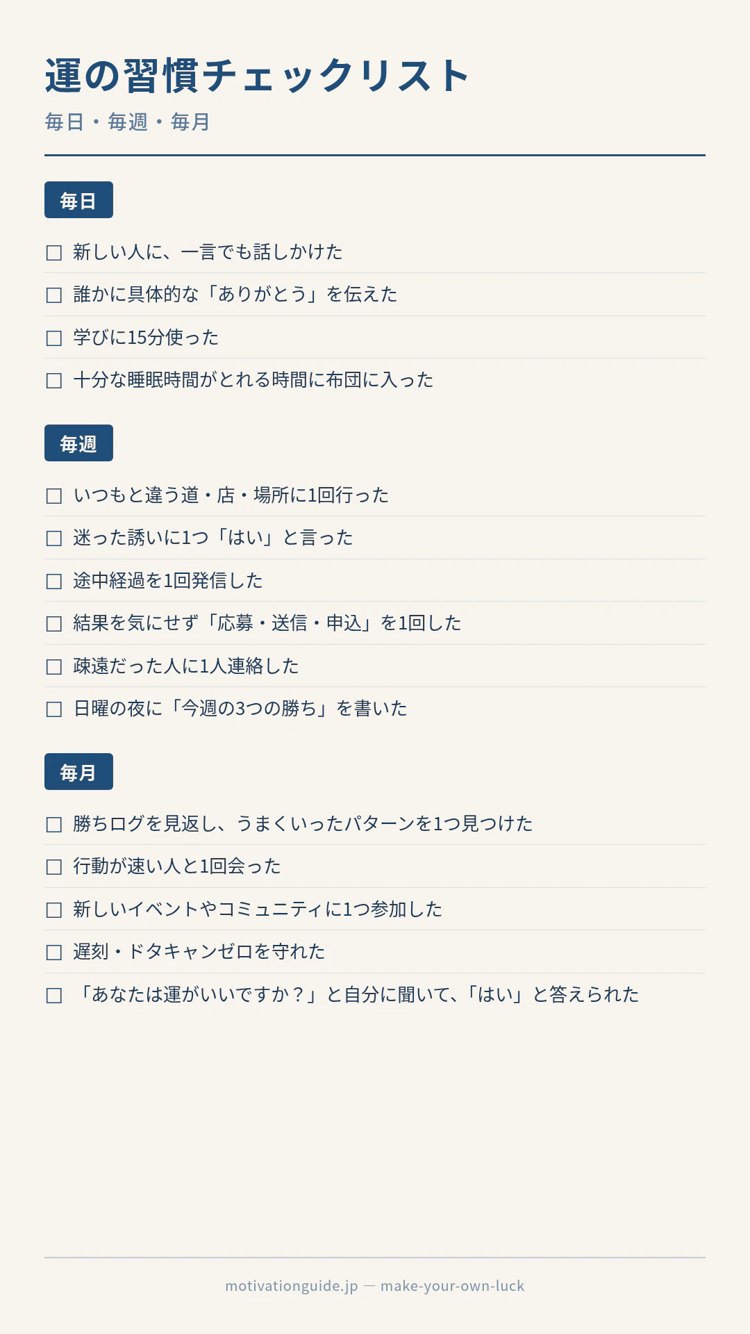 運の習慣チェックリスト(毎日・毎週・毎月)