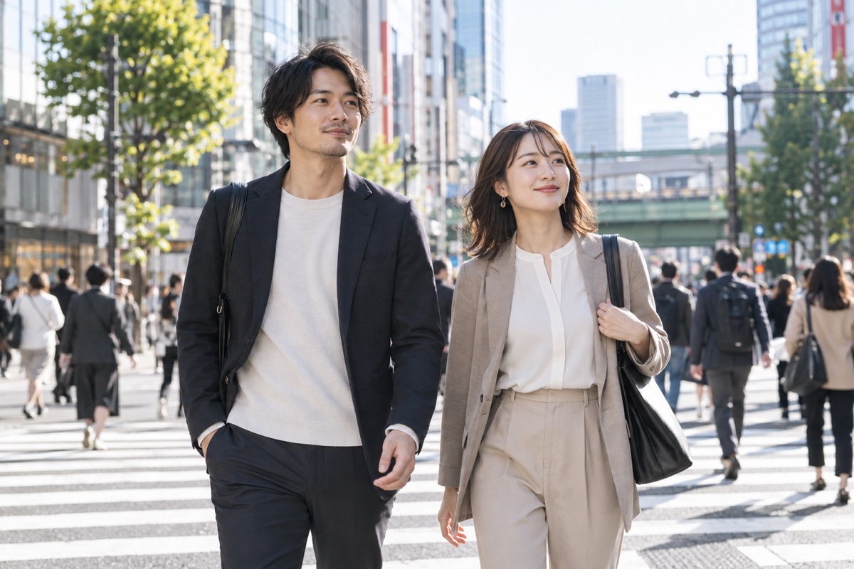 東京の街を前向きに歩く30代男性と20代女性