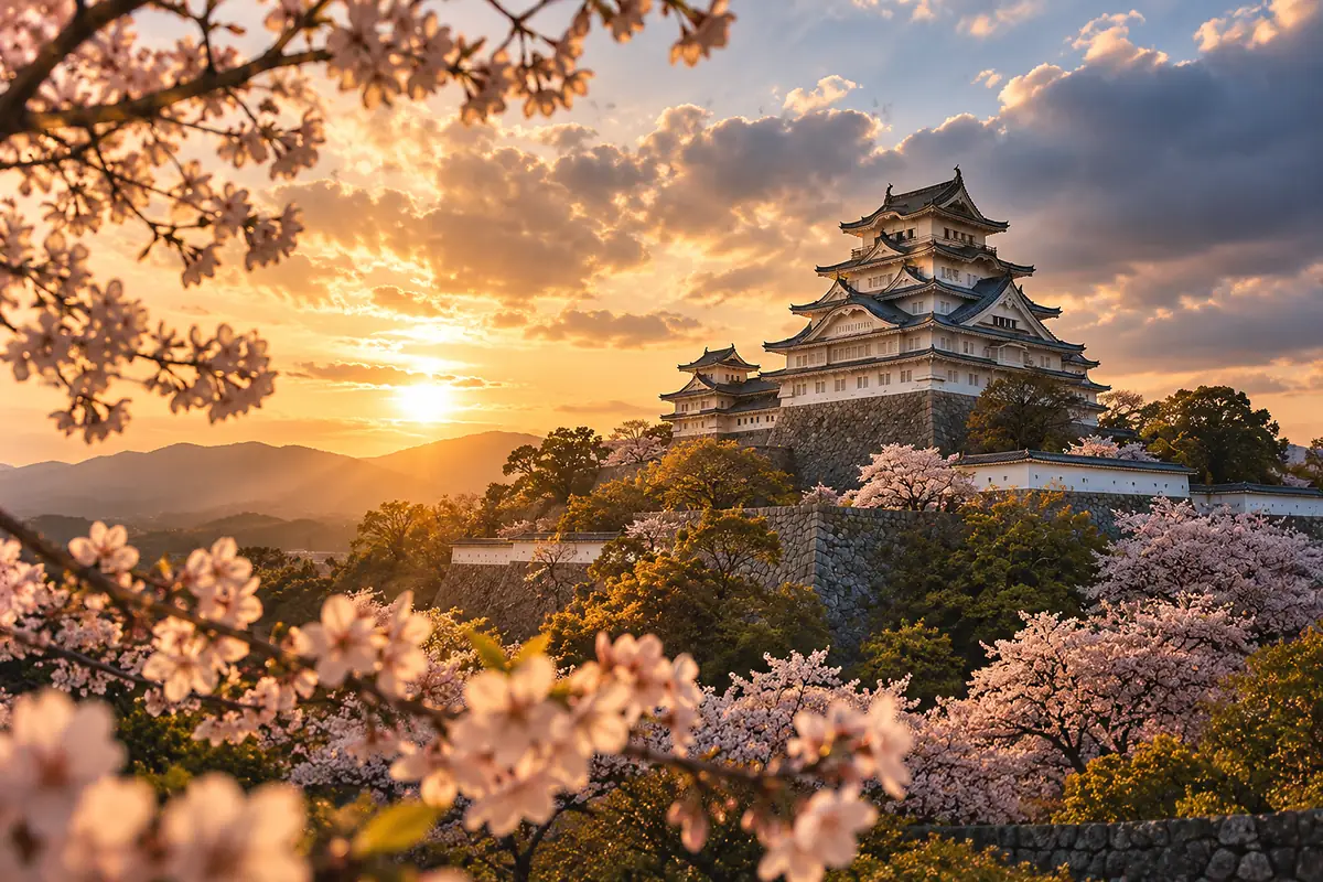 åŠ‡çš„ãªç©ºã®ä¸‹ã€æ¡œã«å›²ã¾ã‚Œã¦ä¸˜ã®ä¸Šã«å»ºã¤æ—¥æœ¬ã®åŸŽã€‚