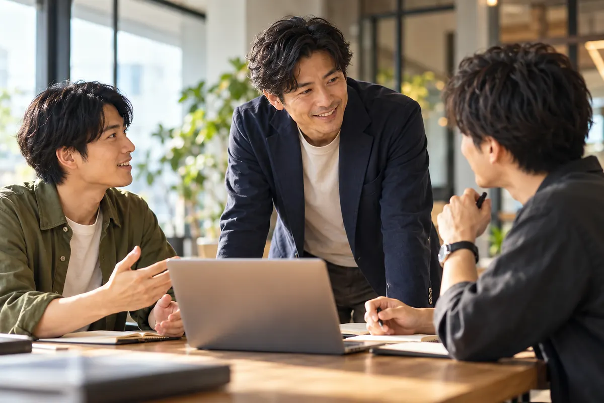 æ˜Žã‚‹ã„ã‚ªãƒ•ã‚£ã‚¹ã§ã€è‹¥æ‰‹ã®åŒåƒšãŸã¡ã«åŠ©è¨€ã™ã‚‹40ä»£å‰åŠã®ç”·æ€§ã€‚