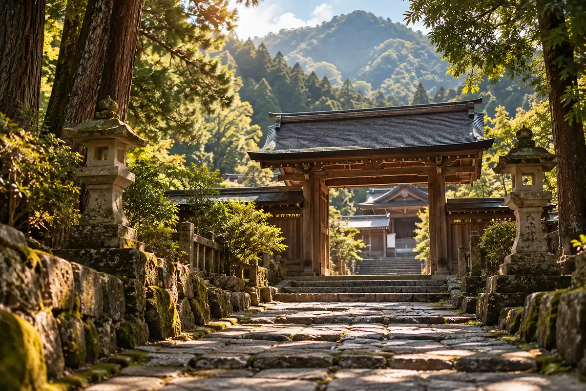 å±±ã‚’èƒŒã«ã—ãŸç¥žç¤¾ã®çŸ³ç•³ã®å‚é“ã¨æœ¨ã®é–€ã€‚