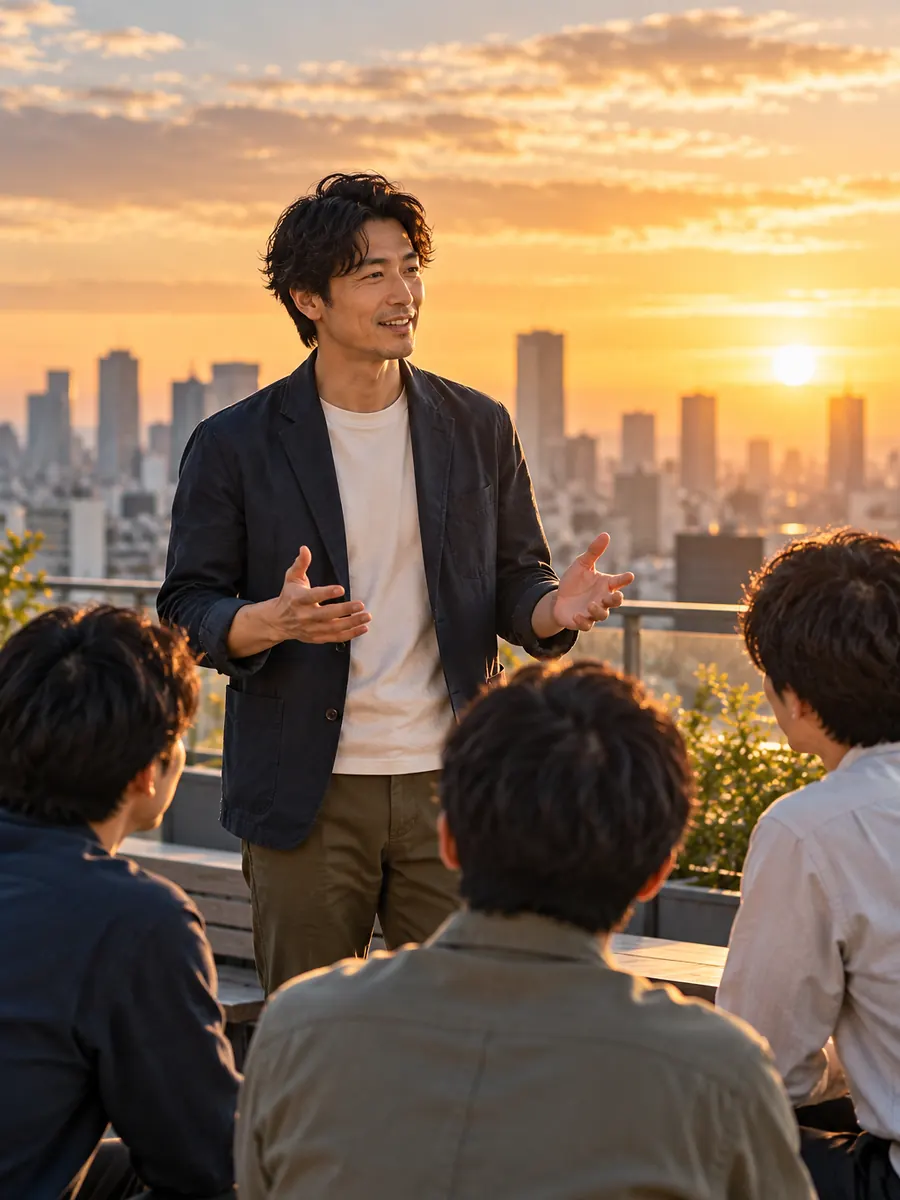å¤œæ˜Žã‘ã®å±‹ä¸Šã§ã€ãƒãƒ¼ãƒ ã®å‰ã«ç«‹ã¤ãƒªãƒ¼ãƒ€ãƒ¼ã®ç”·æ€§ã€‚
