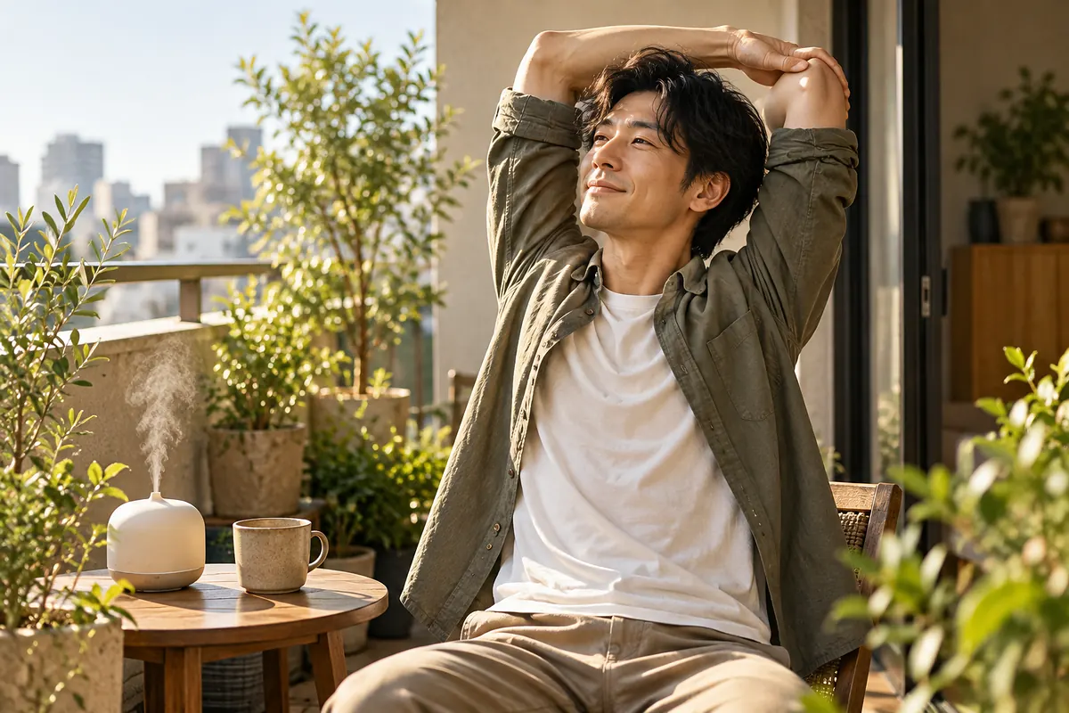 植物のあるベランダで、朝のストレッチをする男性。