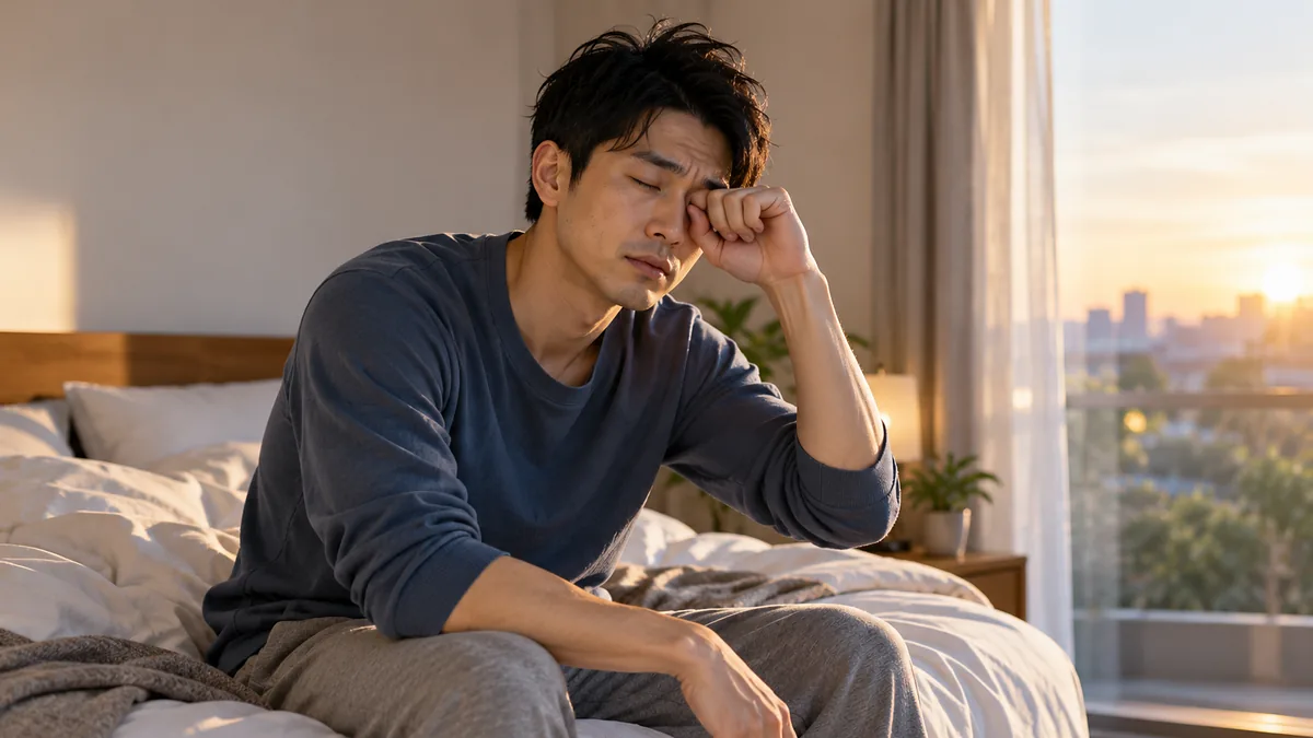 朝日の入る寝室でベッドの端に腰かけ、眠そうに目をこする男性