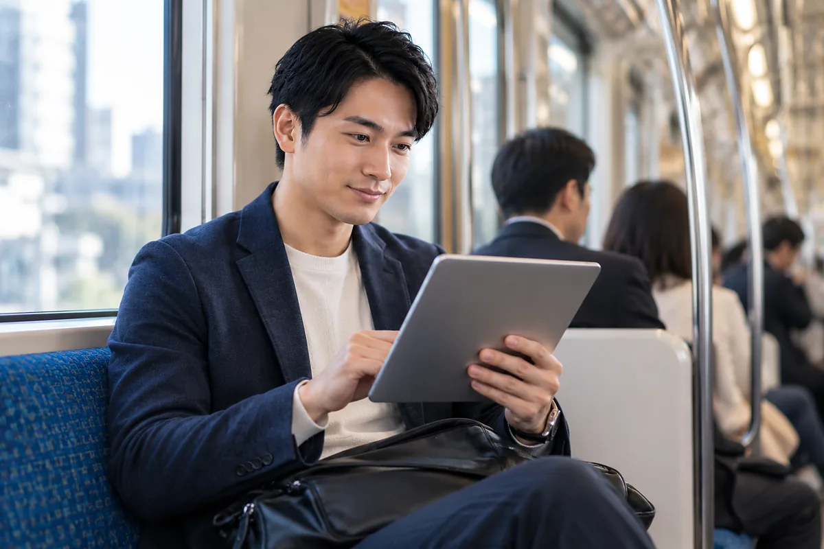 通勤電車の座席でタブレットを読み、転職市場の動きをチェックする男性