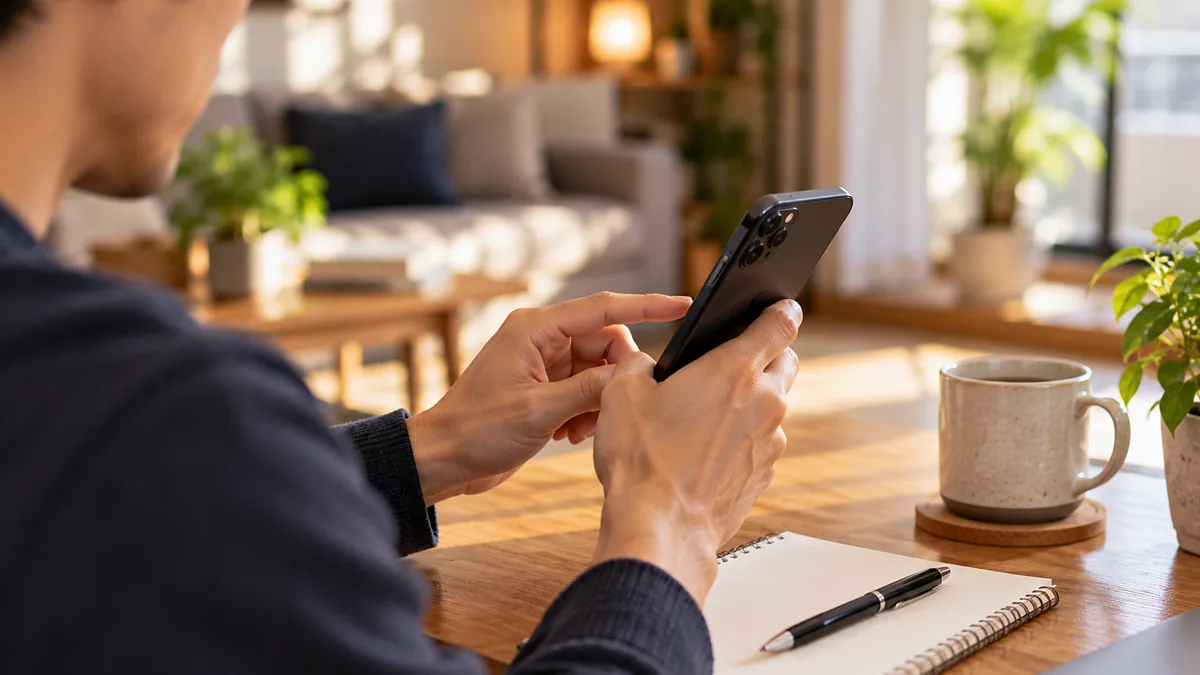 コーヒーとノートを置いたテーブルで、スマホのカレンダーに予定を入れる男性の手元