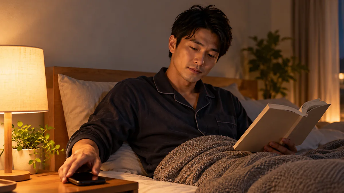 間接照明の灯る夜のベッドで本を手に、ナイトテーブルのスマホを伏せて置くパジャマ姿の男性