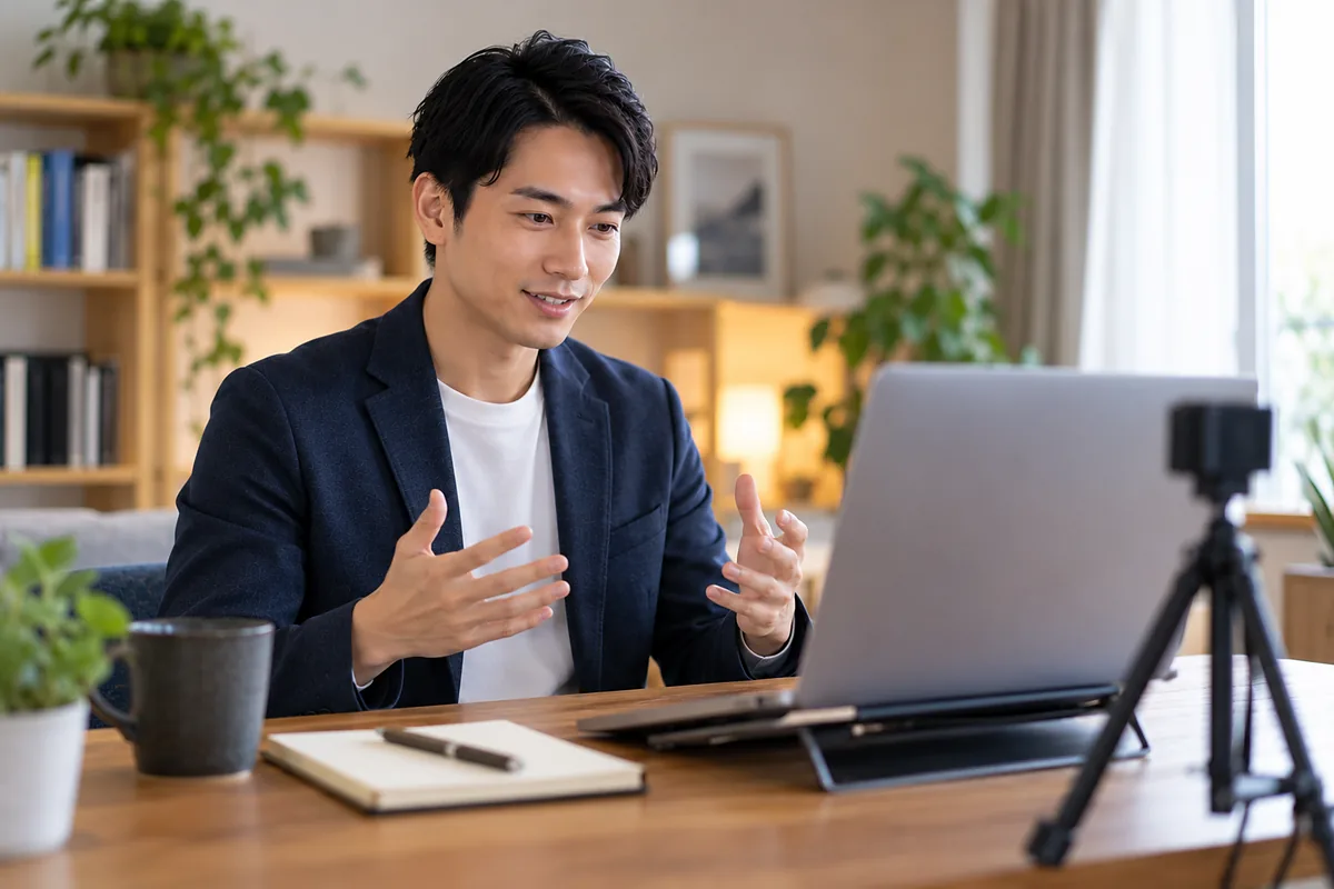 三脚のカメラとノートPCの前で、身ぶりを交えて回答を練習するジャケット姿の男性