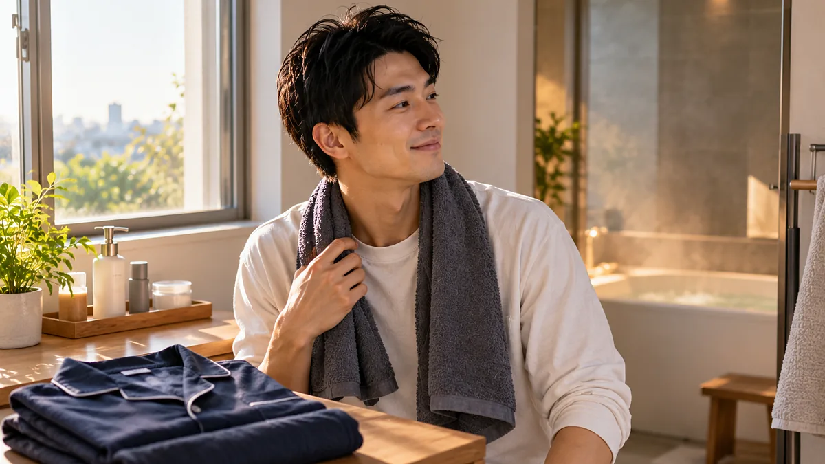 朝の光が入る洗面所で首にタオルをかけ、畳んだパジャマの横でくつろぐ男性