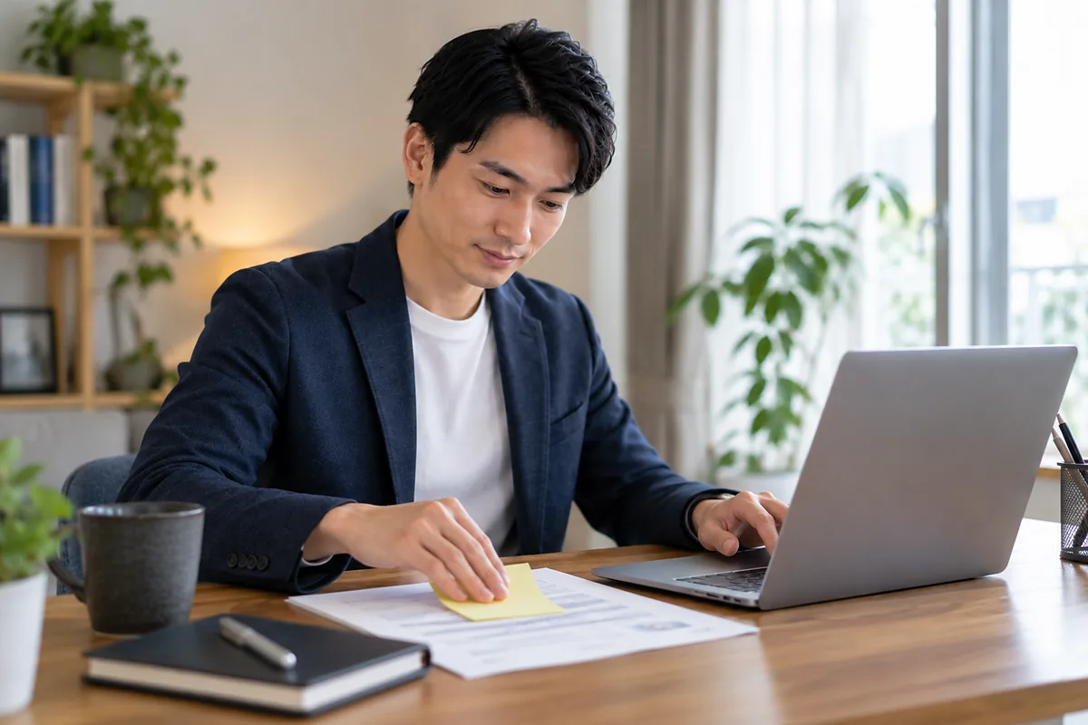 印刷した書類に付箋を貼りながらノートPCを操作し、伏せたい情報を確認する男性