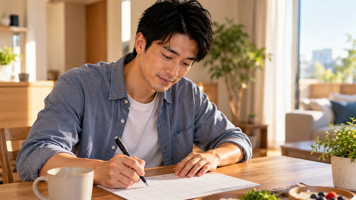 朝食が並ぶダイニングテーブルで、マス目の記録シートにペンで書き込む男性