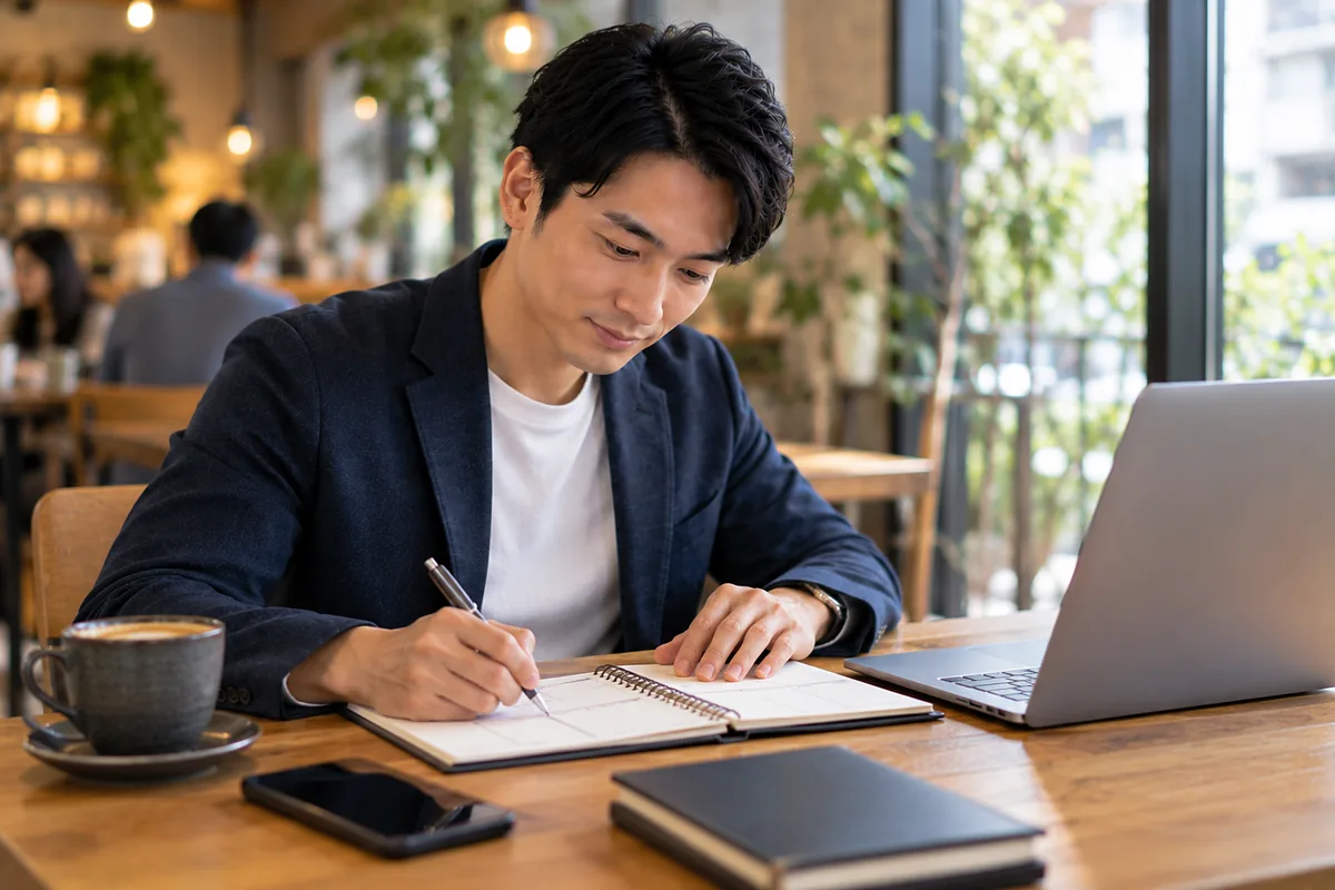 カフェでコーヒーを横に、スパイラル手帳へ1週間の計画を書き込む姿
