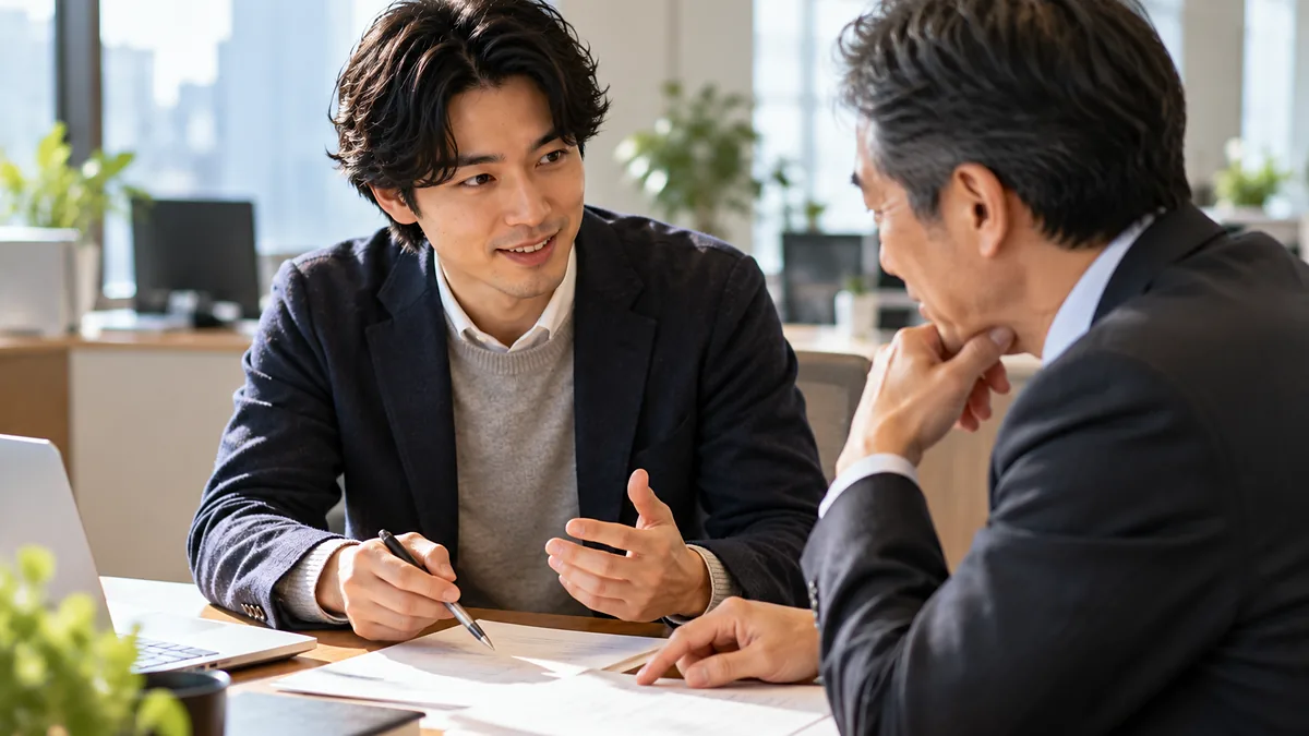 オフィスで書類を前に、年上の同僚から説明を受けてうなずく若手社員