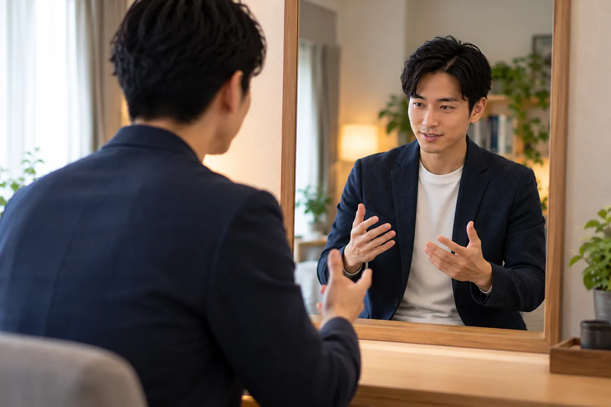大きな鏡に向かって手ぶりを交え、結論から話す練習をするジャケット姿の男性