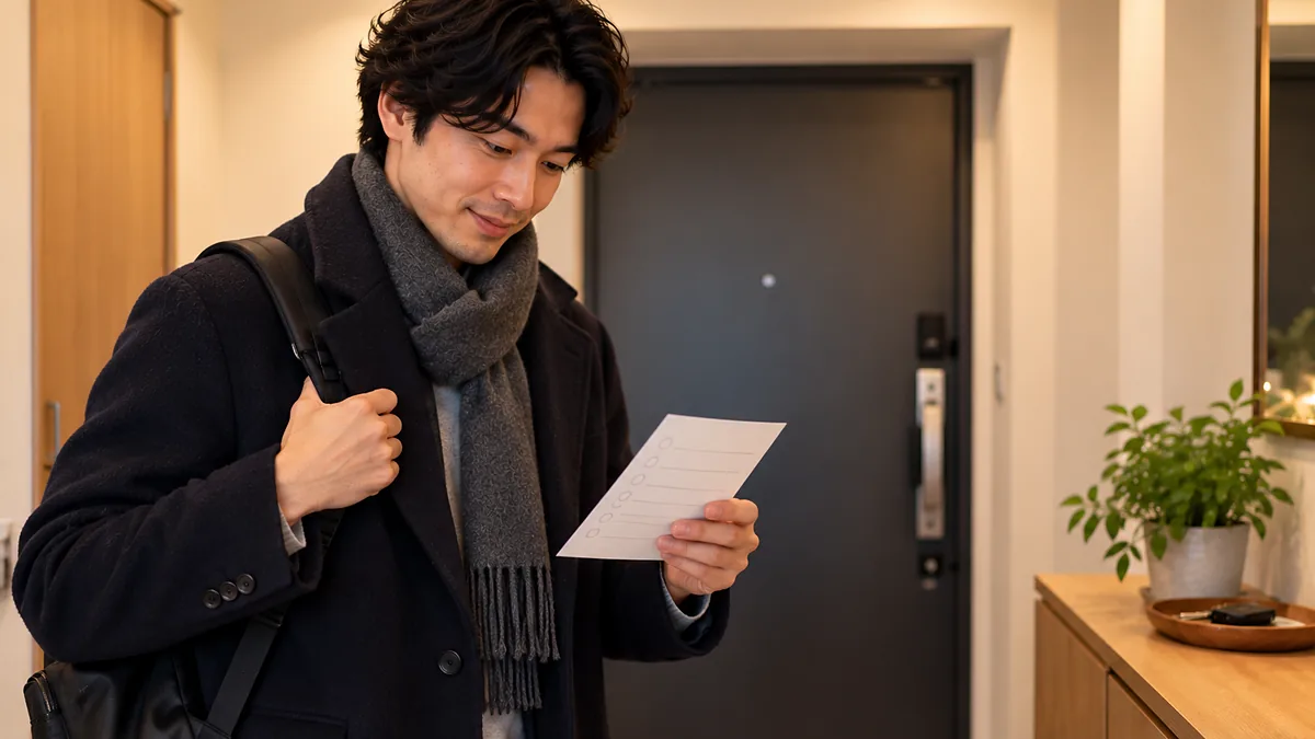 コートとマフラー姿で玄関に立ち、チェックリストのメモを見返す男性