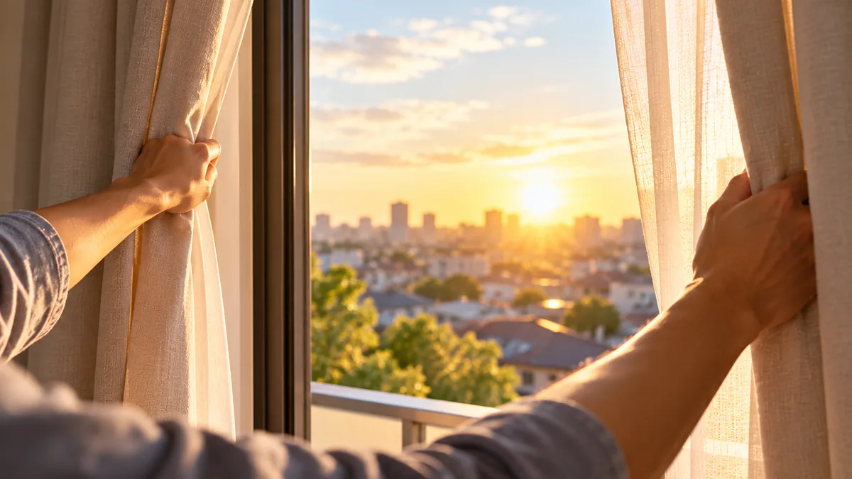 夕日に染まる街並みを前に、窓辺のカーテンを両手で開ける手元