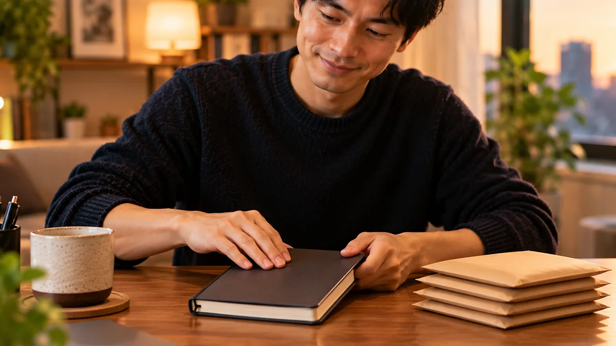 夕焼けの部屋で手帳を閉じる男性と、その横に重ねた4つの封筒