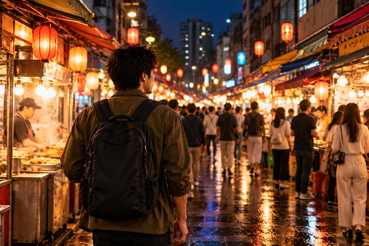 赤い提灯が灯る雨上がりのアジアの夜市を歩く旅行者の後ろ姿
