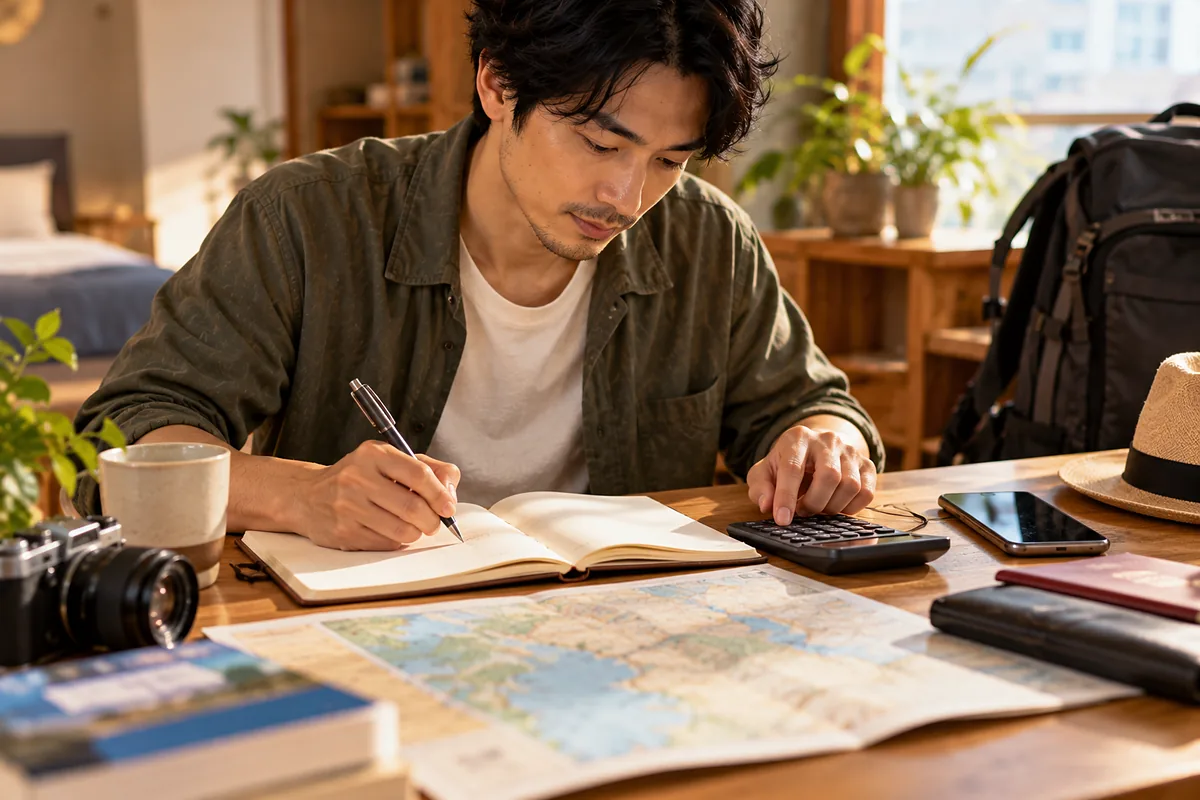 地図と電卓を広げた机で、ノートに旅の予算を書き出す男性