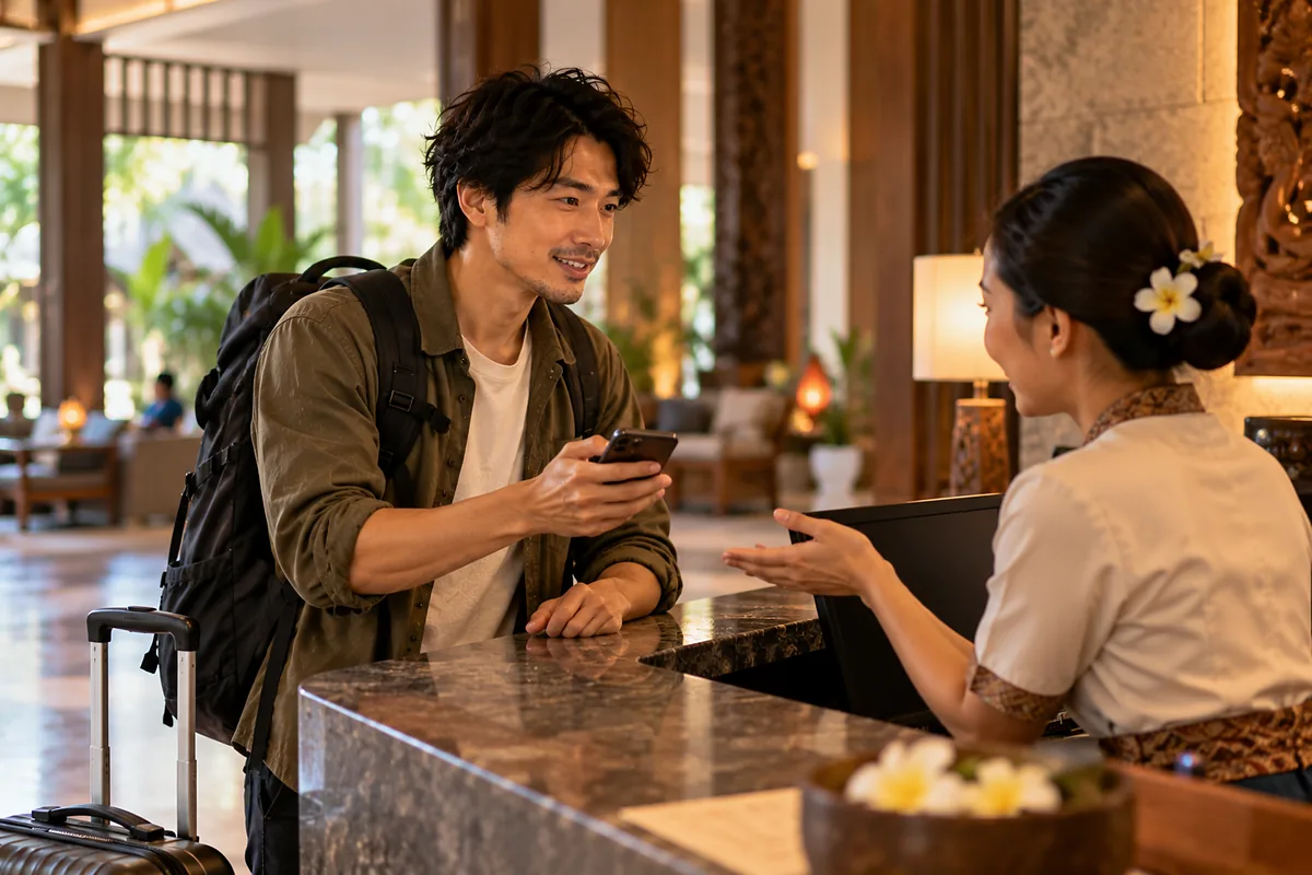リゾートホテルのフロントでスマホを手に、笑顔のスタッフと言葉を交わす旅行者