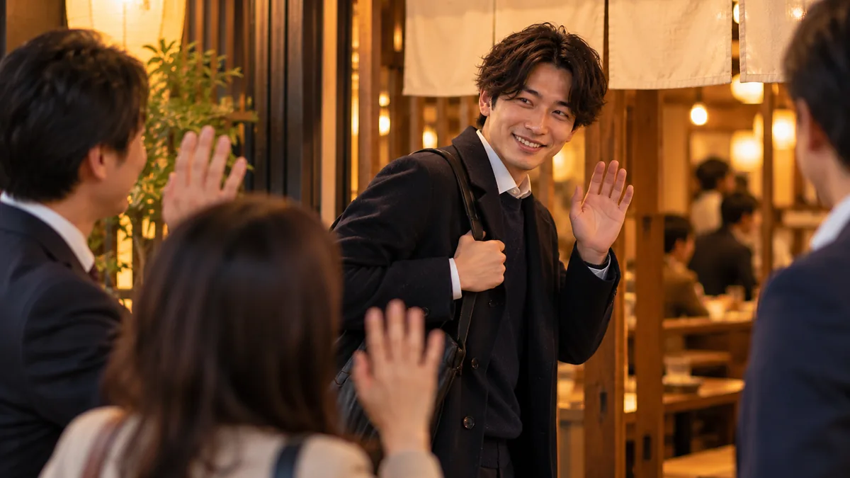 居酒屋の出入り口で同僚に手を振り、笑顔で先に帰る男性