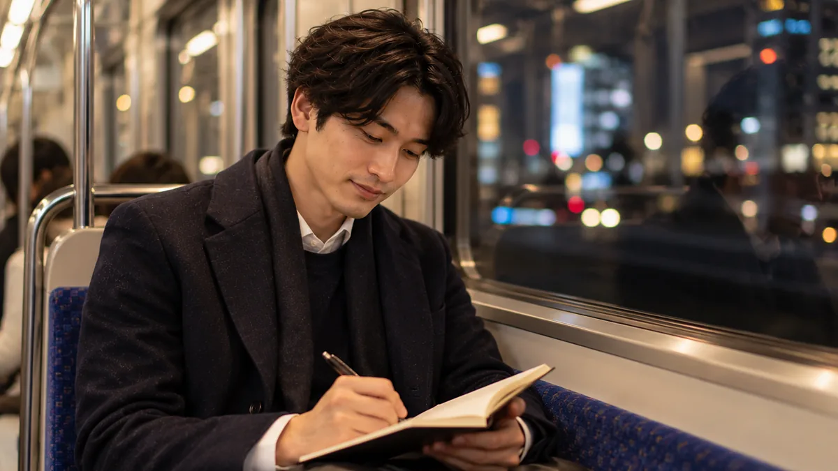 夜の電車の座席で、手帳に今日の会話の振り返りを書き込む男性