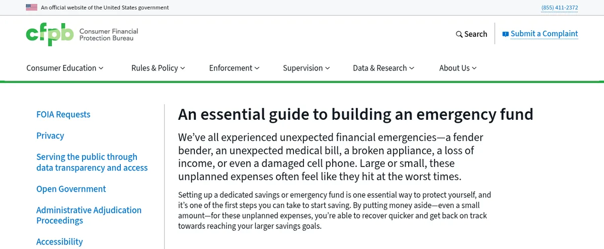 CFPB「An essential guide to building an emergency fund」ページのスクリーンショット