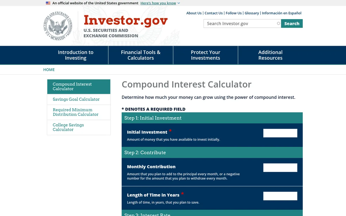 Investor.gov「Compound Interest Calculator」ページのスクリーンショット