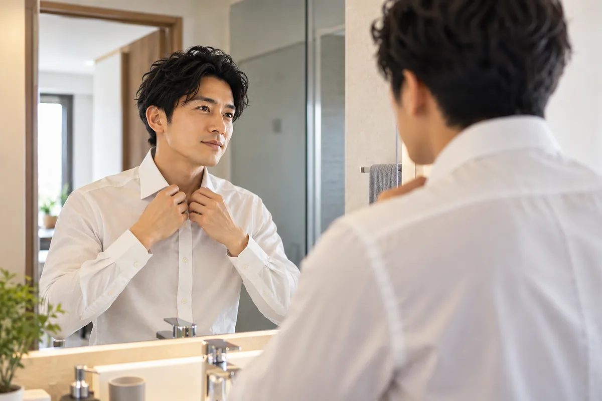 夜の街のベンチでスマホを見る男性と、その奥で談笑する人たち