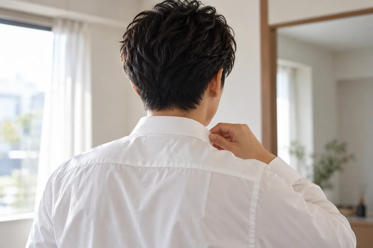 晴れたオフィス街の交差点で、マフラー姿で前を見つめて立つ男性