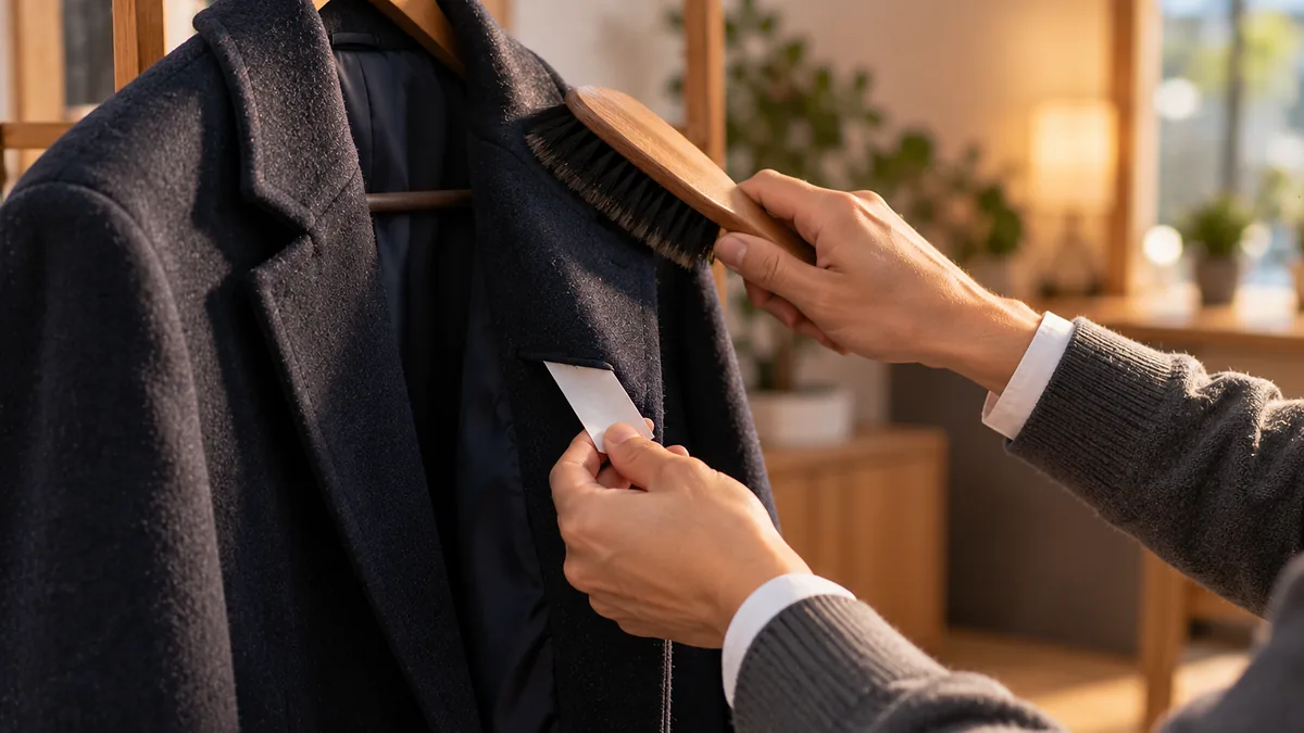 ハンガーにかけた紺のコートを洋服ブラシで整えながら、無地のタグを確かめる手元