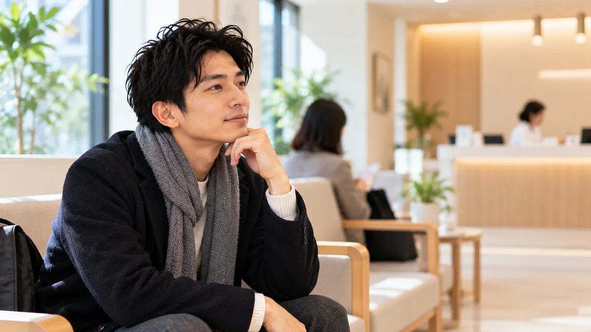 明るい皮膚科の待合室で、マフラーを巻いたまま順番を待つ男性