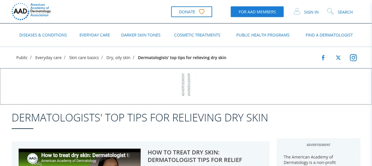 米国皮膚科学会「Dermatologists' top tips for relieving dry skin」ページのスクリーンショット