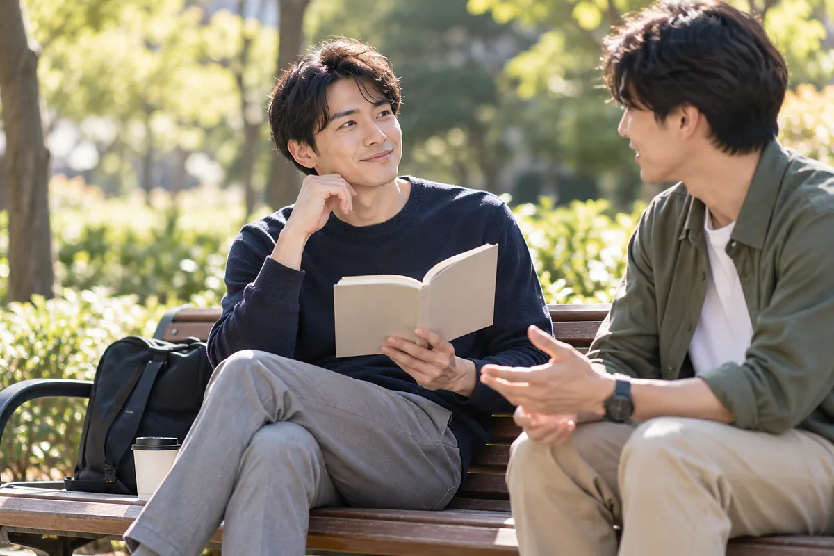 公園のベンチで本を手に友人と話し、薄毛の基本について落ち着いて考える20代の男性。木漏れ日の差す秋の午後