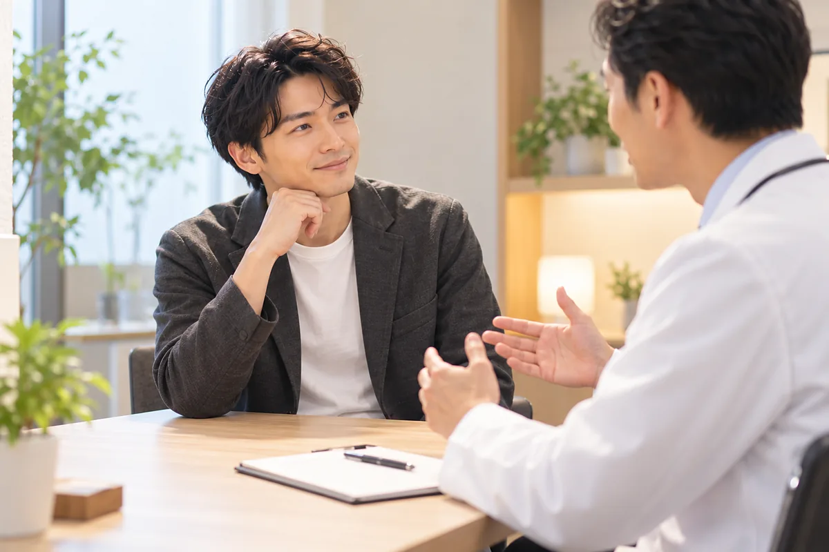 落ち着いた診察室の相談デスクで医師の説明に耳を傾け、メモを見ながら今後の方針を考えるジャケット姿の男性