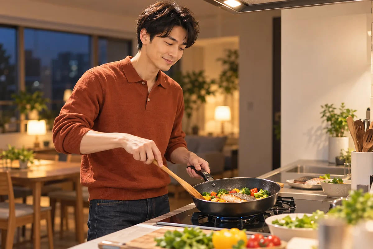 自宅のキッチンで魚と野菜の食事を手際よく作り、睡眠や食事など生活習慣を整えている20代の日本人男性