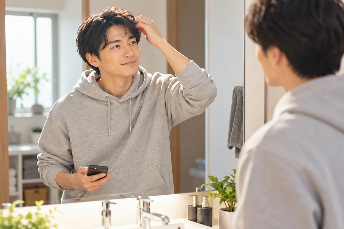 明るい洗面所で鏡を自然に見ながら、スマホを手に自分の頭皮の状態を記録しようとするグレーのパーカー姿の男性