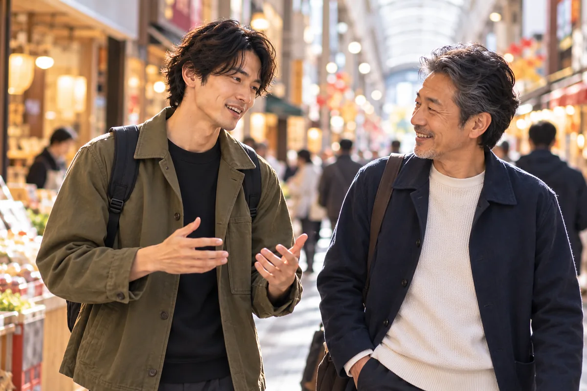屋根付きの商店街を歩きながら年上の友人に質問し、デートや会話の疑問を気軽に相談するオリーブのジャケットの男性